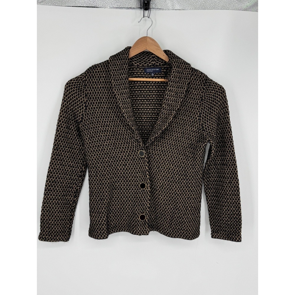 Jones New York Women's Sz XL Merino Wool Blend Cardigan Sweater Black Gold B3